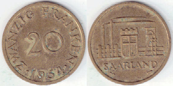 1954 Germany Saarland 20 Franken A000299